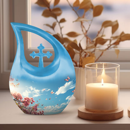 10 inch Wilderness urn for ashes with Cross-drop design