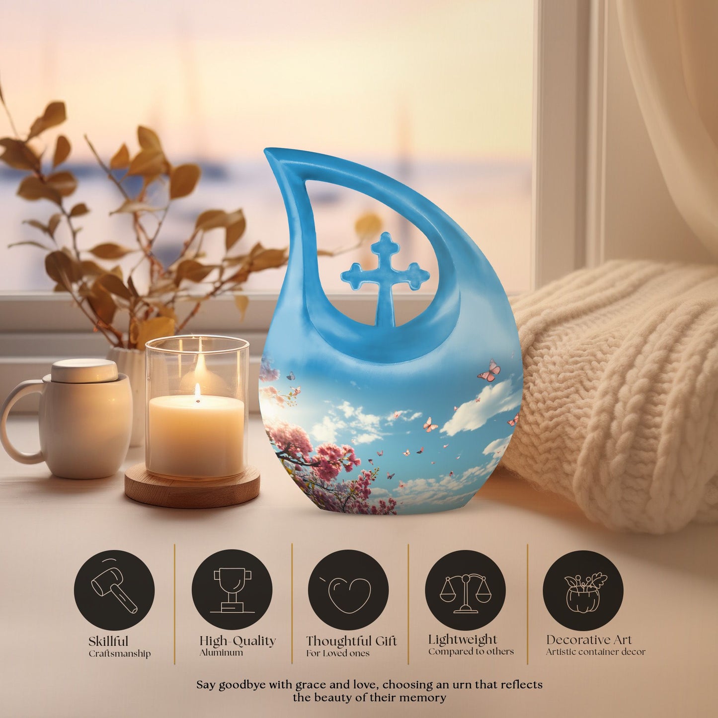 10 inch Wilderness urn for ashes with Cross-drop design