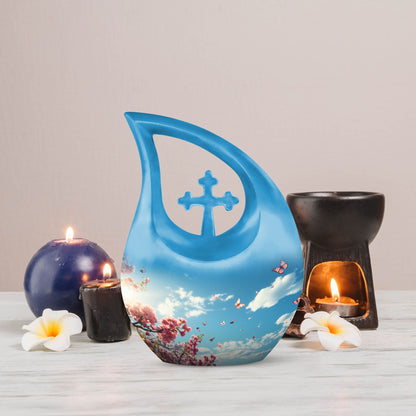 10 inch Wilderness urn for ashes with Cross-drop design