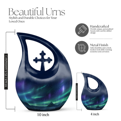 10-inch Wilderness Urn with Cross Drop design, Personalizable Aluminium Memorial Urn