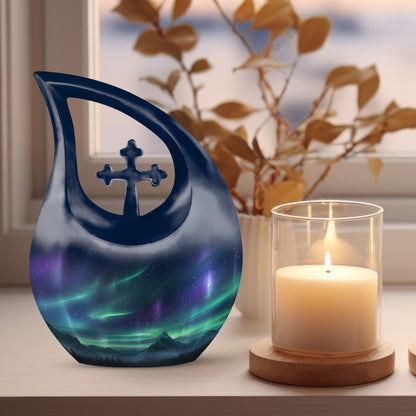 10-inch Wilderness Urn with Cross Drop design, Personalizable Aluminium Memorial Urn