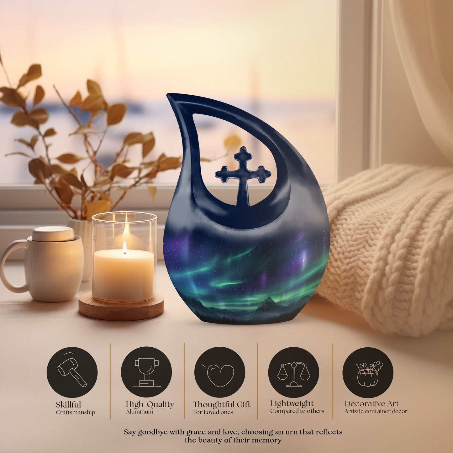 10-inch Wilderness Urn with Cross Drop design, Personalizable Aluminium Memorial Urn