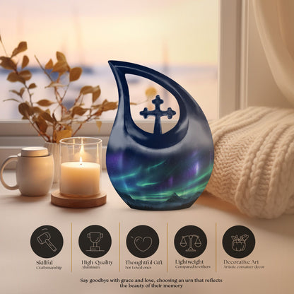 10-inch Wilderness Urn with Cross Drop design, Personalizable Aluminium Memorial Urn