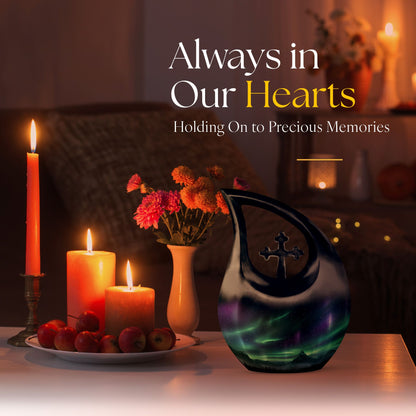 10-inch Wilderness Urn with Cross Drop design, Personalizable Aluminium Memorial Urn
