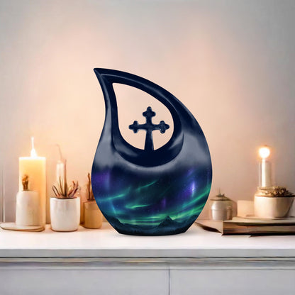 10-inch Wilderness Urn with Cross Drop design, Personalizable Aluminium Memorial Urn