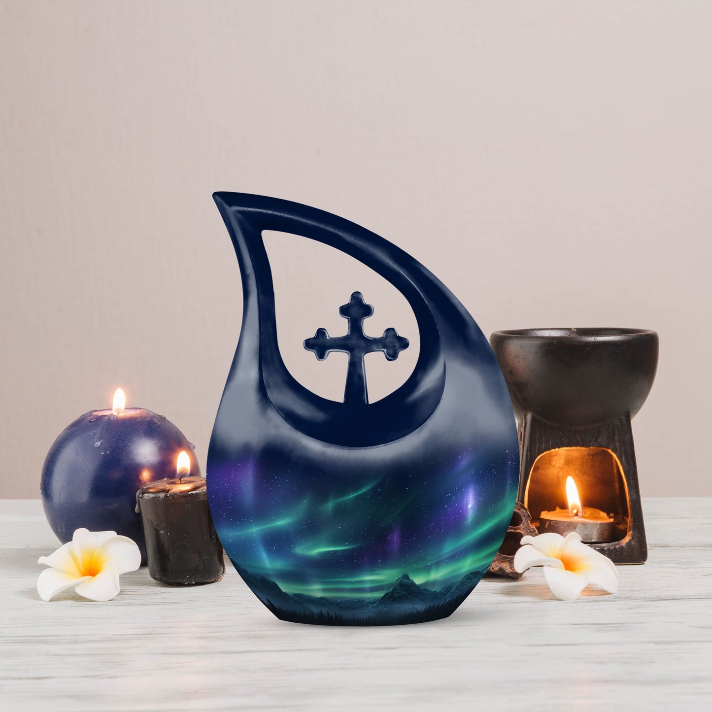 10-inch Wilderness Urn with Cross Drop design, Personalizable Aluminium Memorial Urn