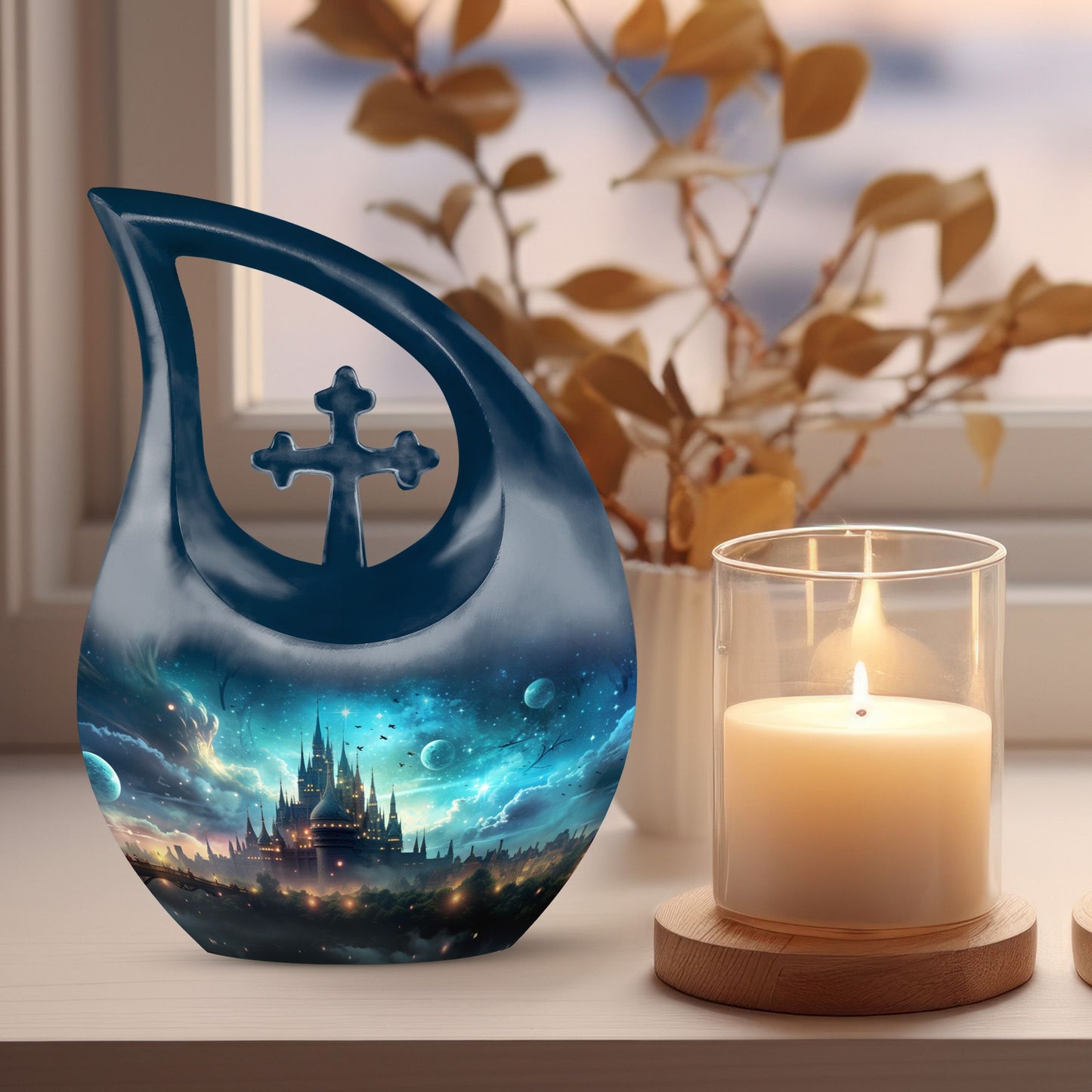10-inch Wilderness Urn, Cross Drop design for mom's ashes, 