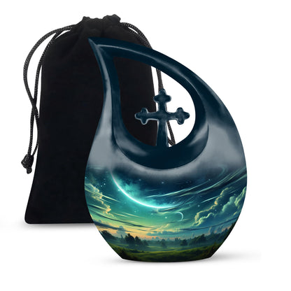10-inch Wilderness Urn with Cross Drop design,