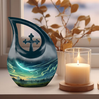 10-inch Wilderness Urn with Cross Drop design,