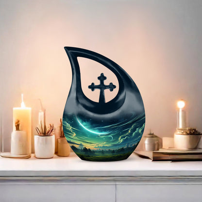 10-inch Wilderness Urn with Cross Drop design,