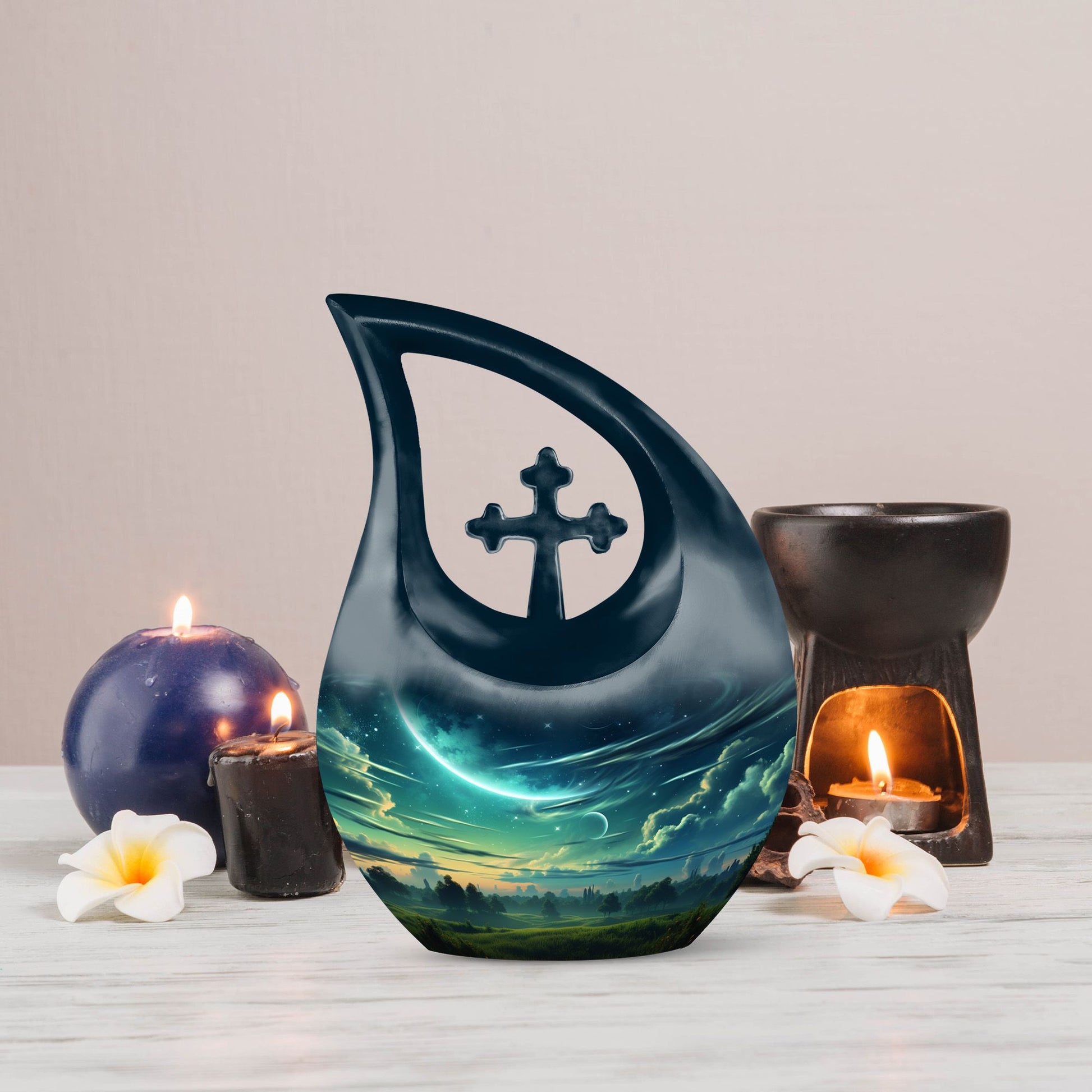 10-inch Wilderness Urn with Cross Drop design,