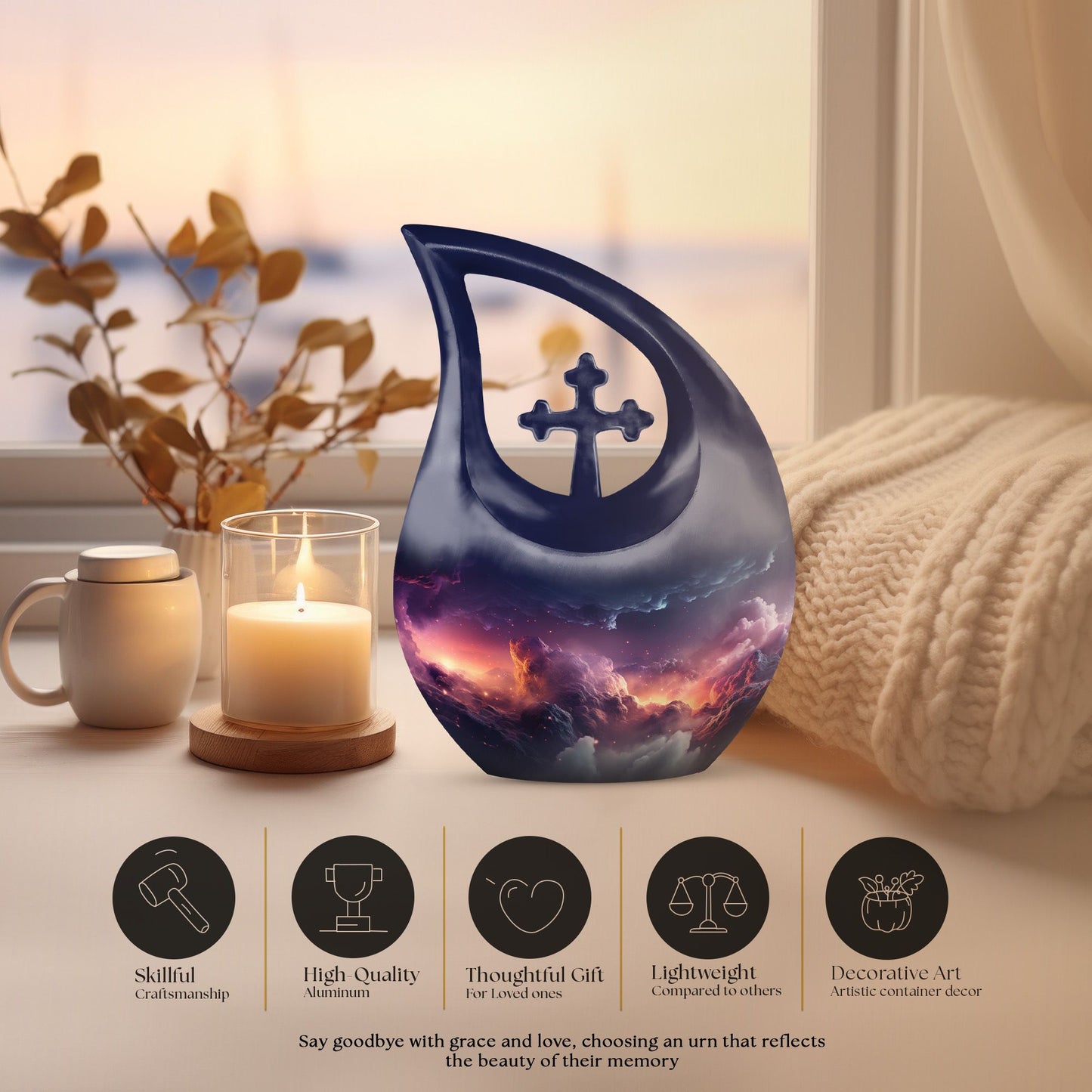 10-inch Aurora Urn, Cross Drop design, keepsake cremation 