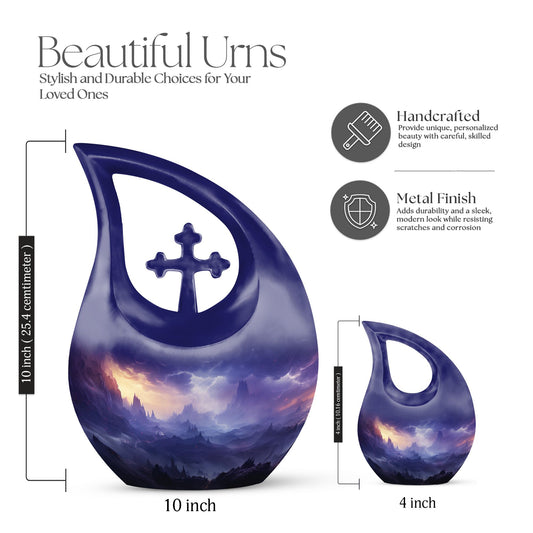10-inch Aurora Double Urn in Cross Drop design, aluminium urn for human ashes