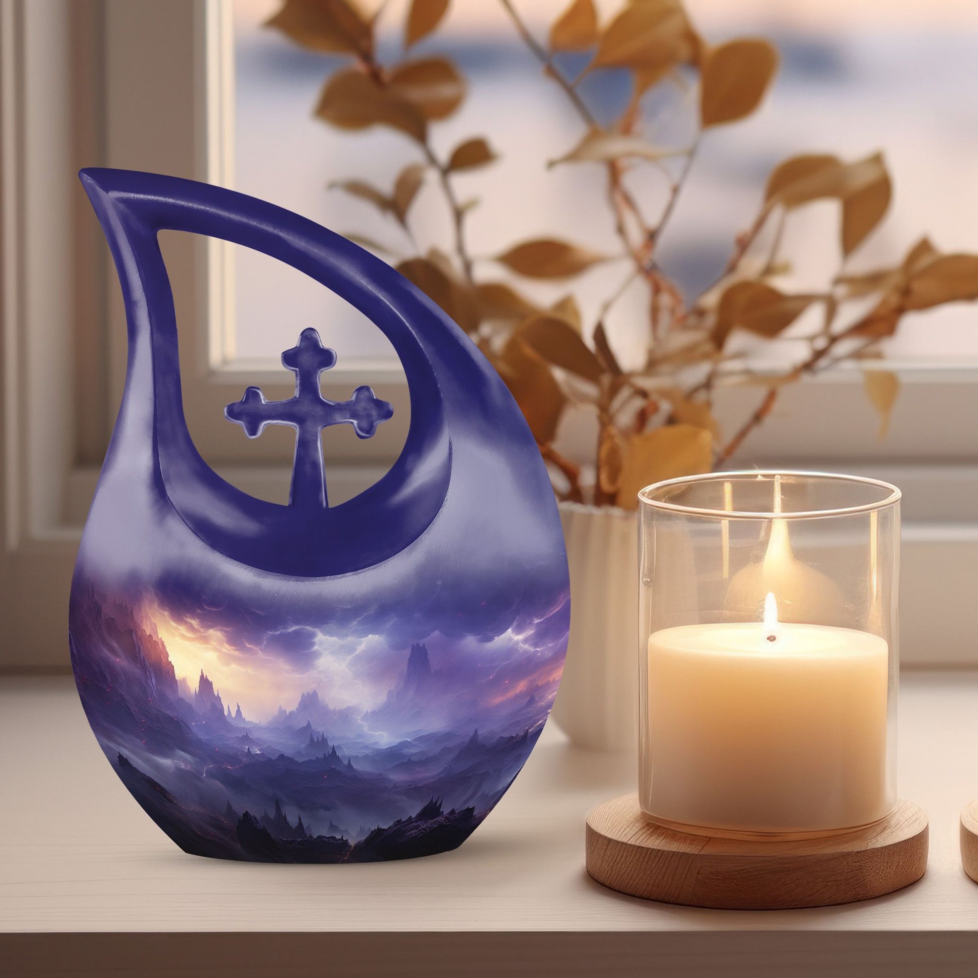 10-inch Aurora Double Urn in Cross Drop design, aluminium urn for human ashes