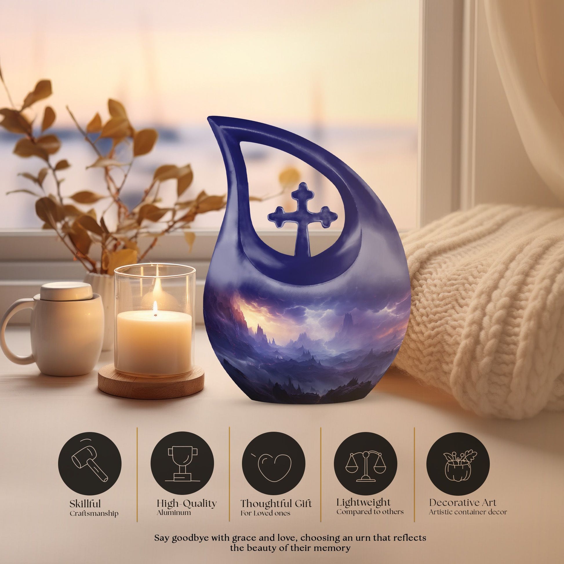 10-inch Aurora Double Urn in Cross Drop design, aluminium urn for human ashes