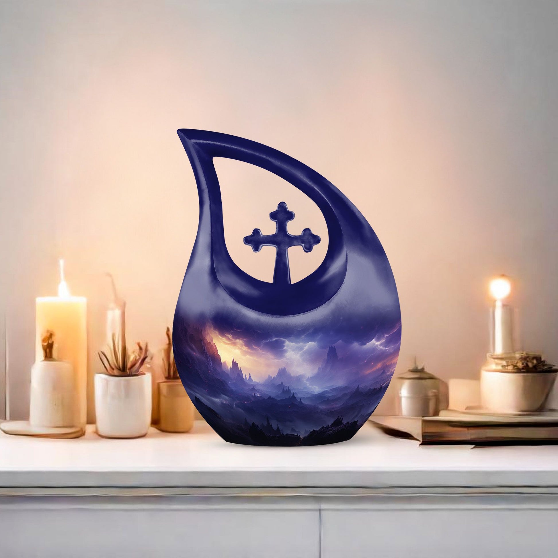 10-inch Aurora Double Urn in Cross Drop design, aluminium urn for human ashes