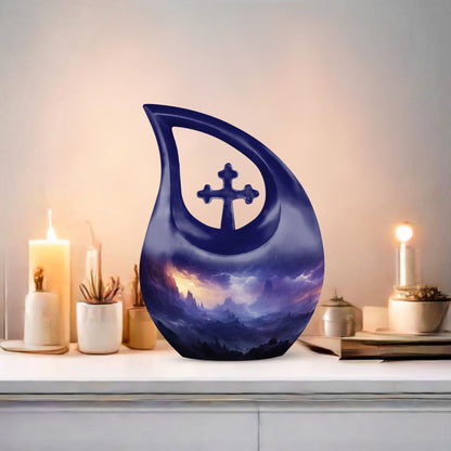 10-inch Aurora Double Urn in Cross Drop design, aluminium urn for human ashes