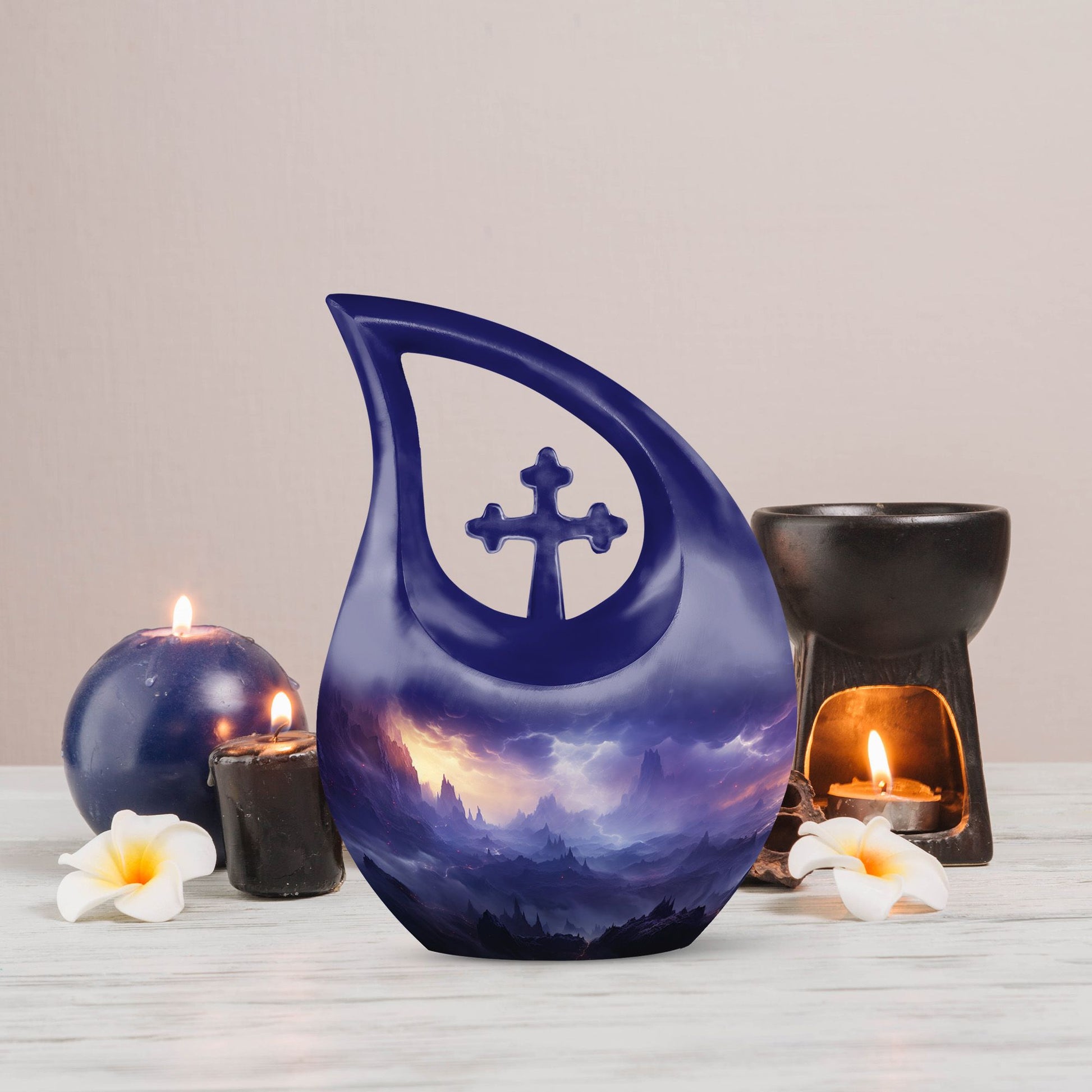 10-inch Aurora Double Urn in Cross Drop design, aluminium urn for human ashes