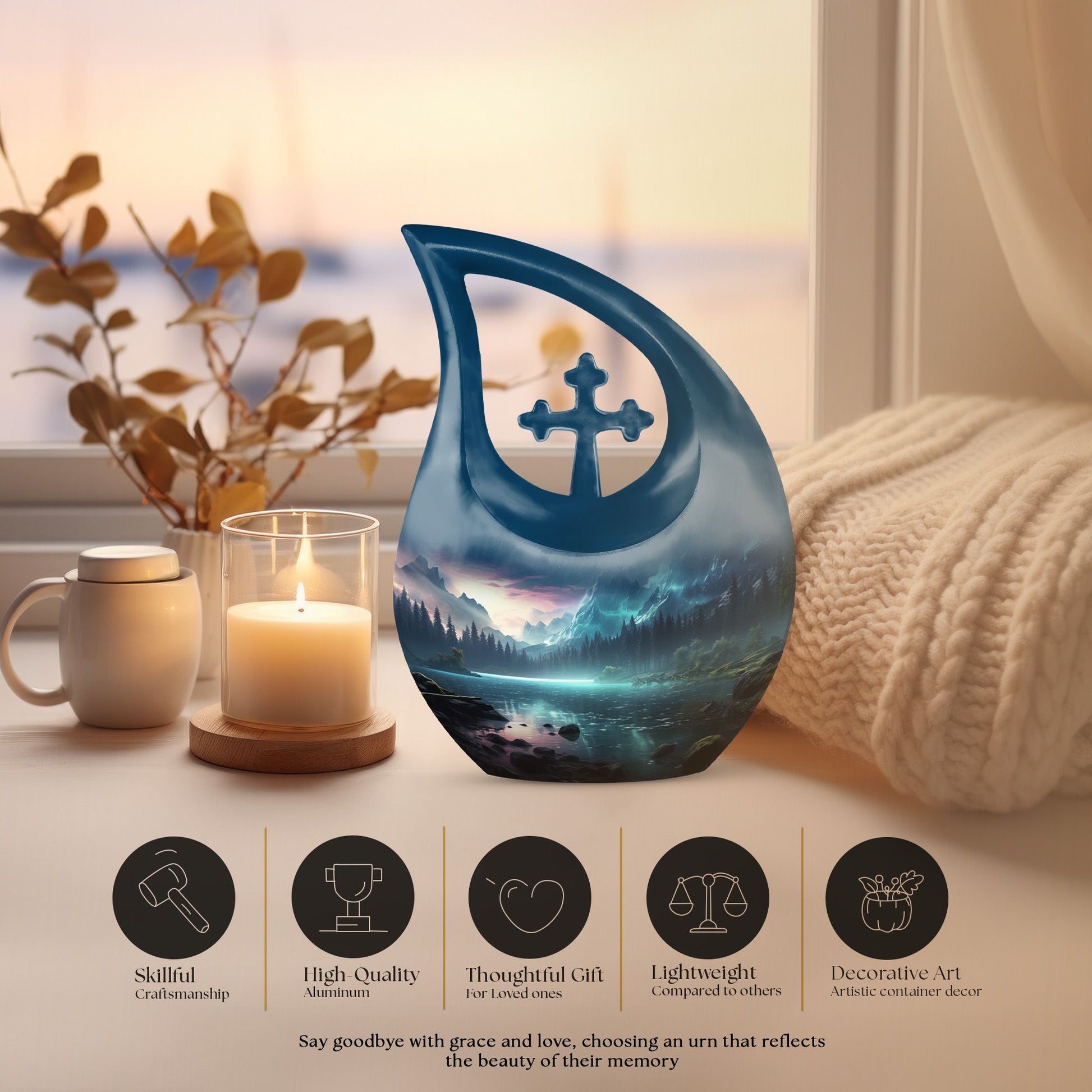 10-inch Aurora Urn with Cross Drop design, 