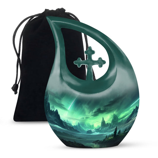 10-inch Aurora Urn with Cross Drop design for cremation,