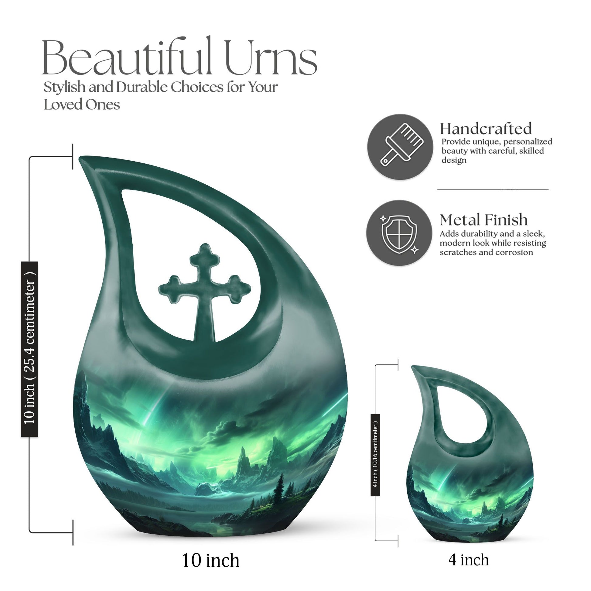 10-inch Aurora Urn with Cross Drop design for cremation,