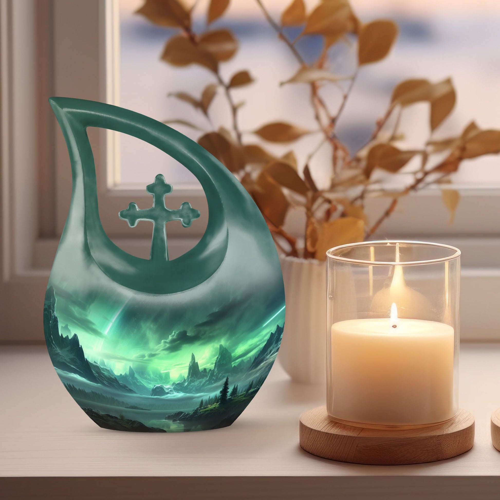 10-inch Aurora Urn with Cross Drop design for cremation,