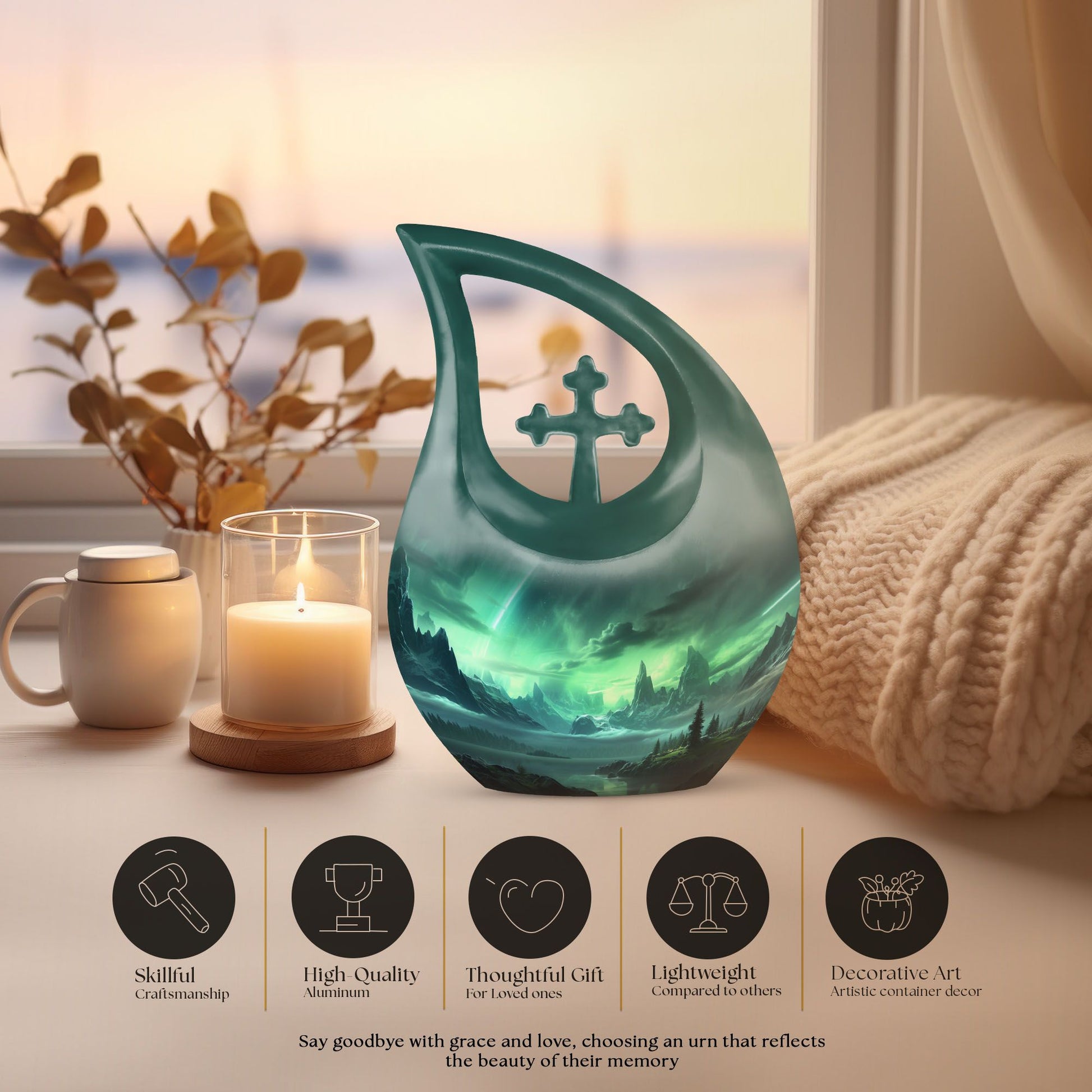 10-inch Aurora Urn with Cross Drop design for cremation,