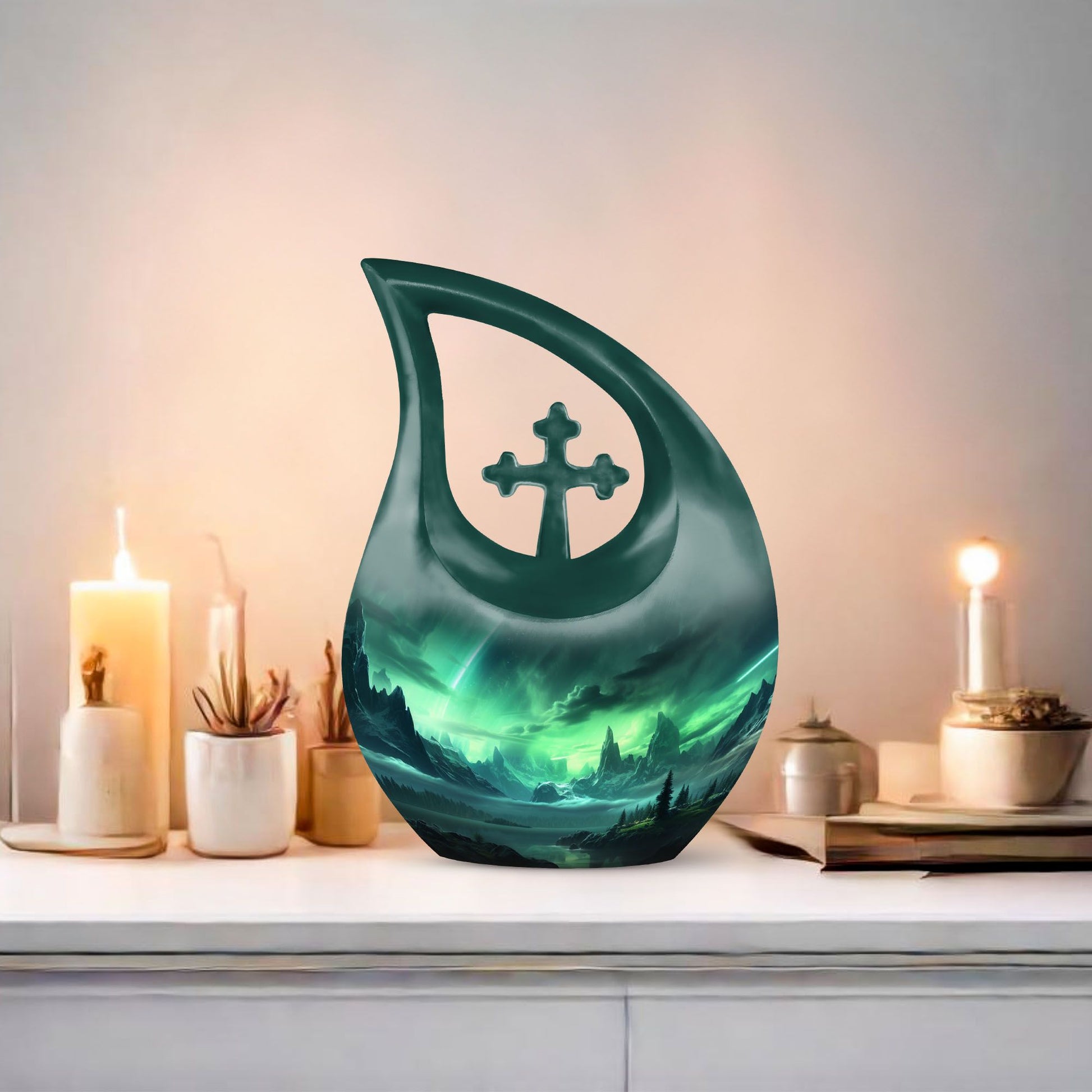 10-inch Aurora Urn with Cross Drop design for cremation,