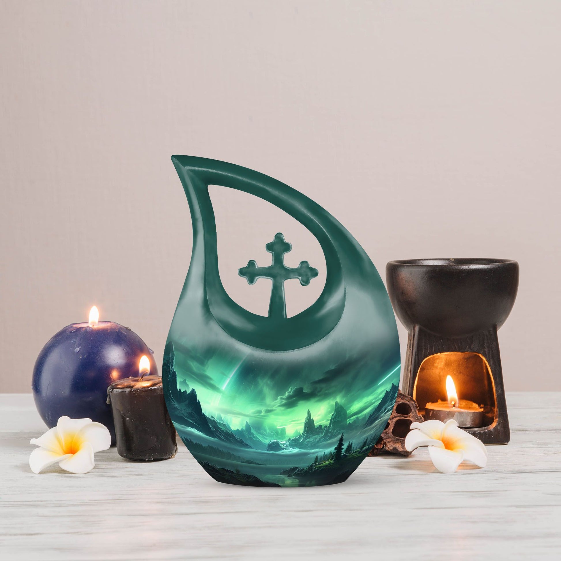 10-inch Aurora Urn with Cross Drop design for cremation,