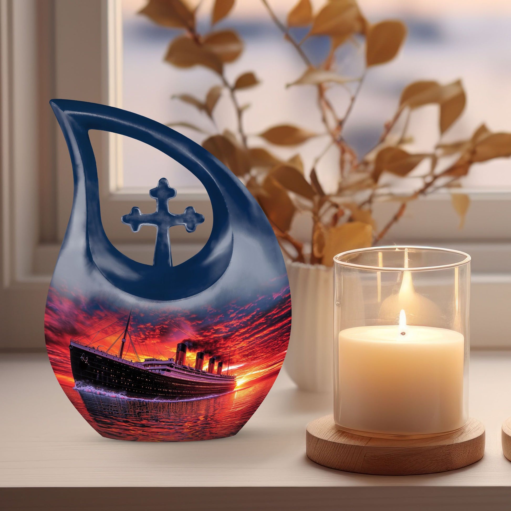 10-inch ship-themed religious burial urn