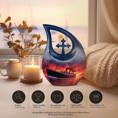 10-inch ship-themed religious burial urn