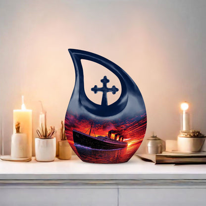 10-inch ship-themed religious burial urn