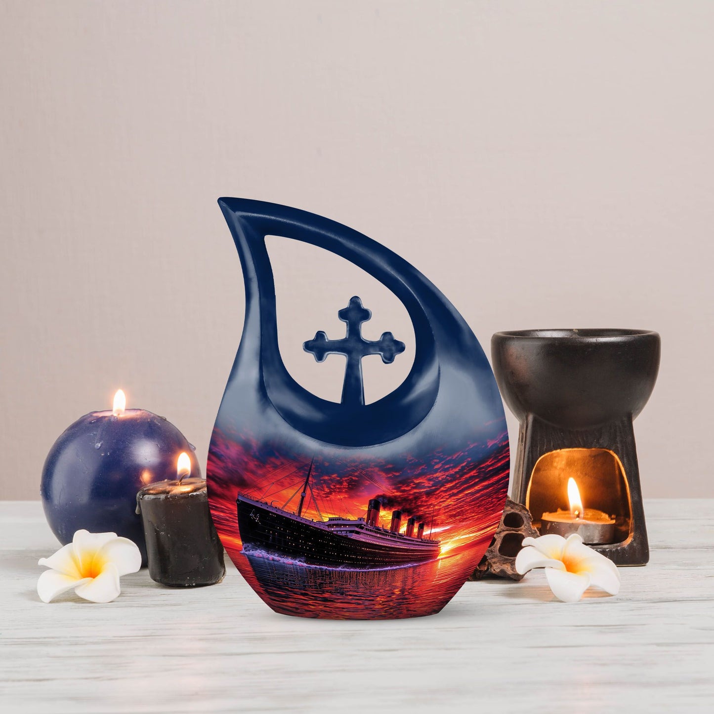 10-inch ship-themed religious burial urn