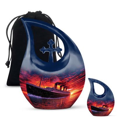 10-inch ship-themed religious burial urn