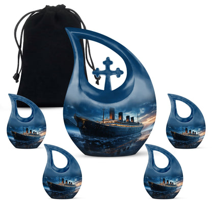 10-inch Ship Urn with Cross Drop design for ashes