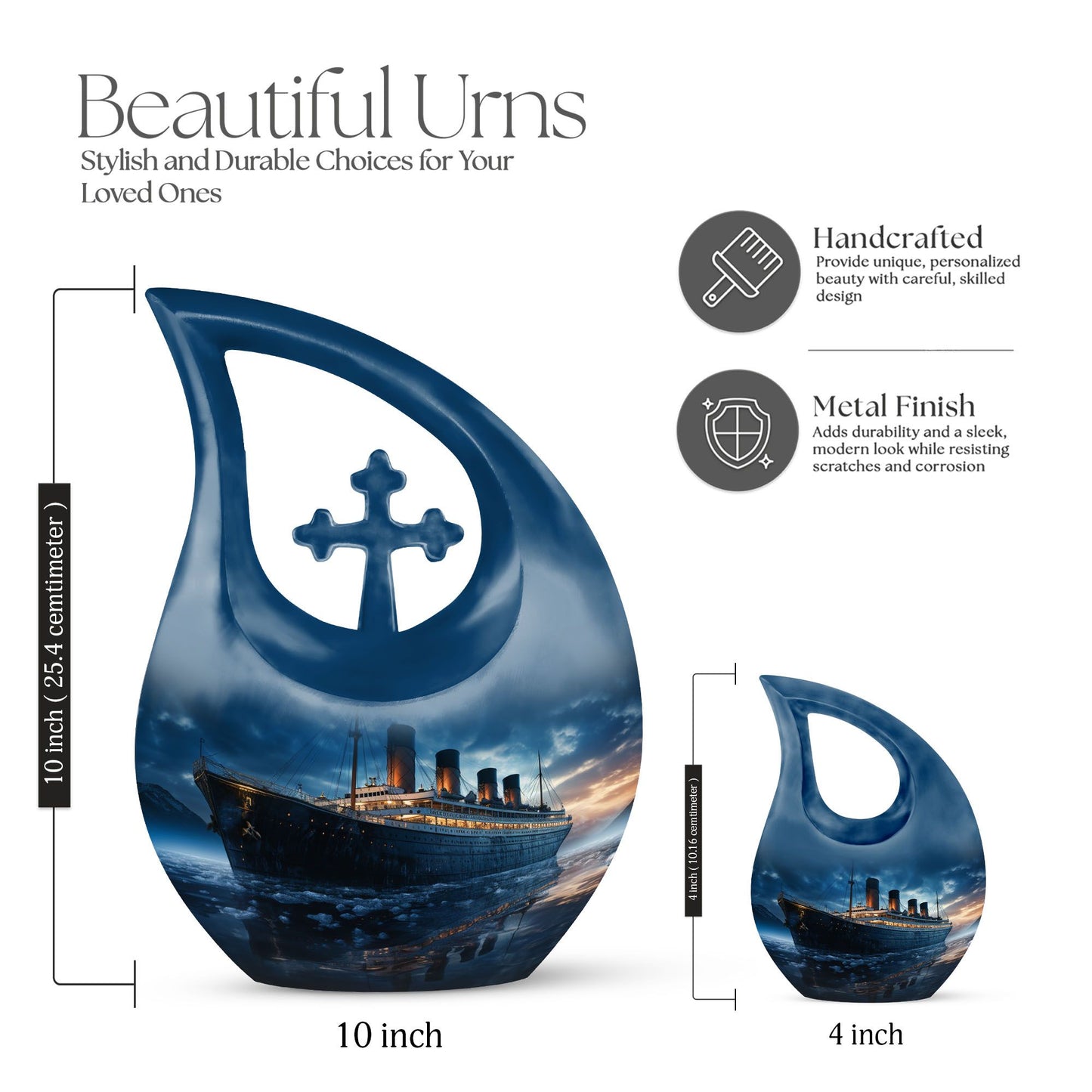 10-inch Ship Urn with Cross Drop design for ashes