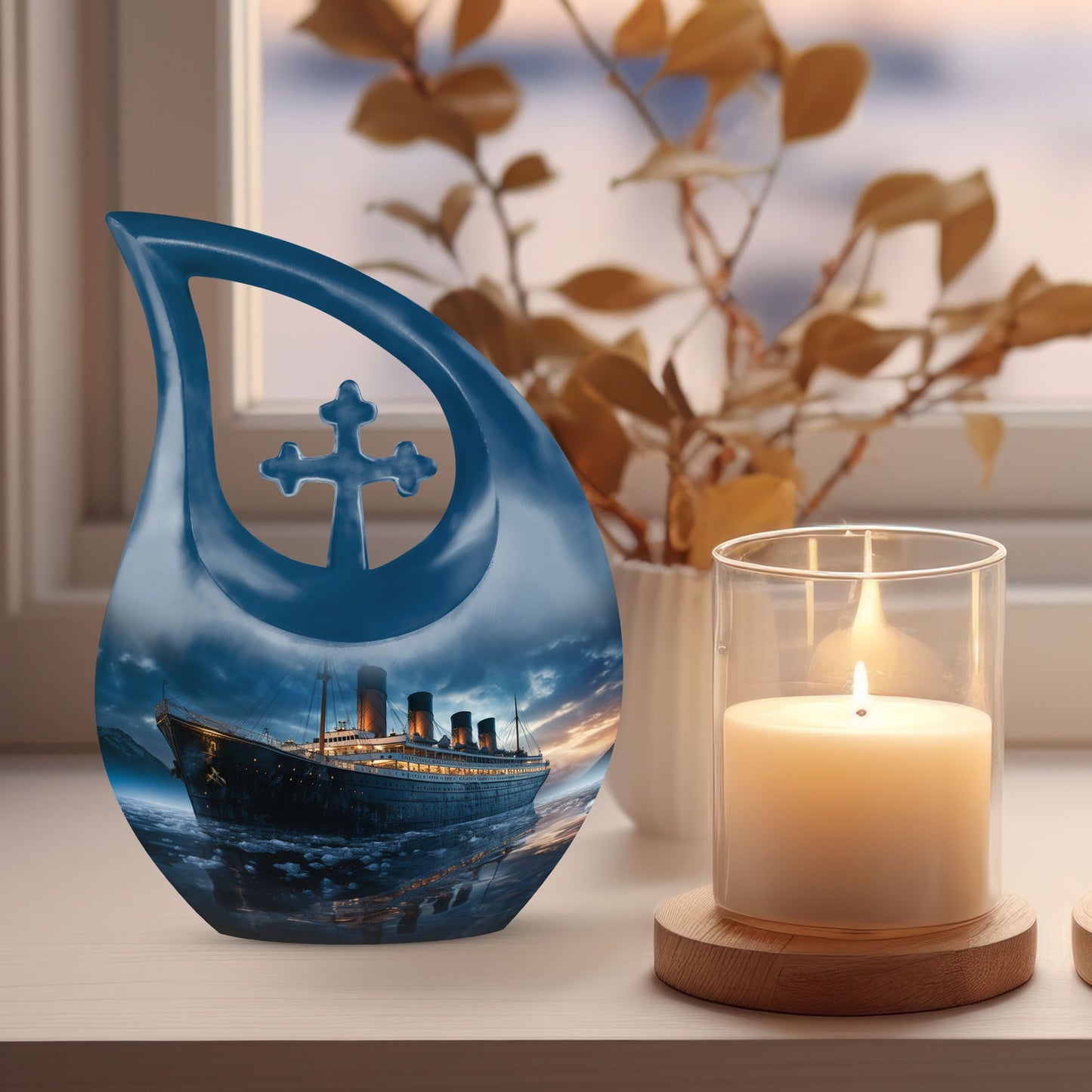 10-inch Ship Urn with Cross Drop design for ashes