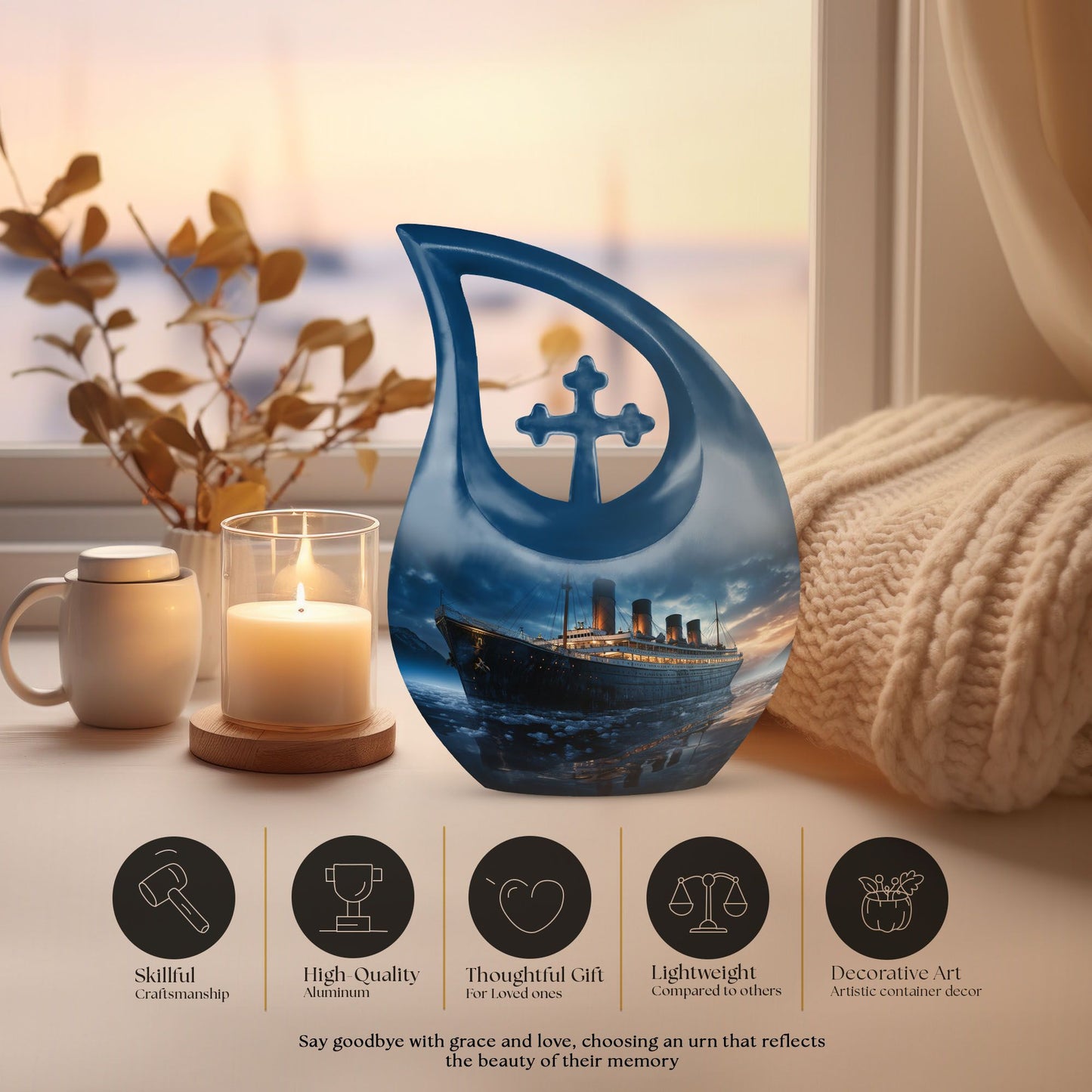 10-inch Ship Urn with Cross Drop design for ashes
