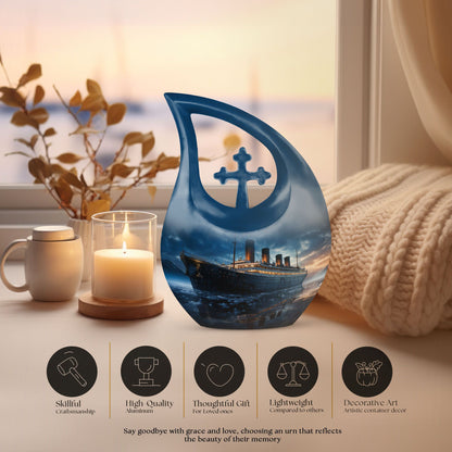 10-inch Ship Urn with Cross Drop design for ashes