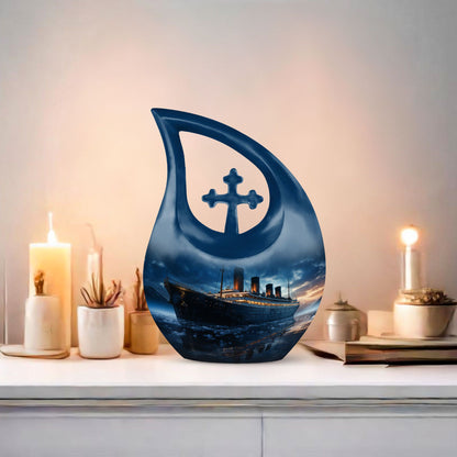 10-inch Ship Urn with Cross Drop design for ashes