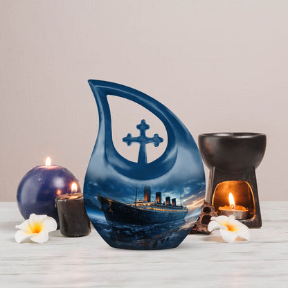 10-inch Ship Urn with Cross Drop design for ashes