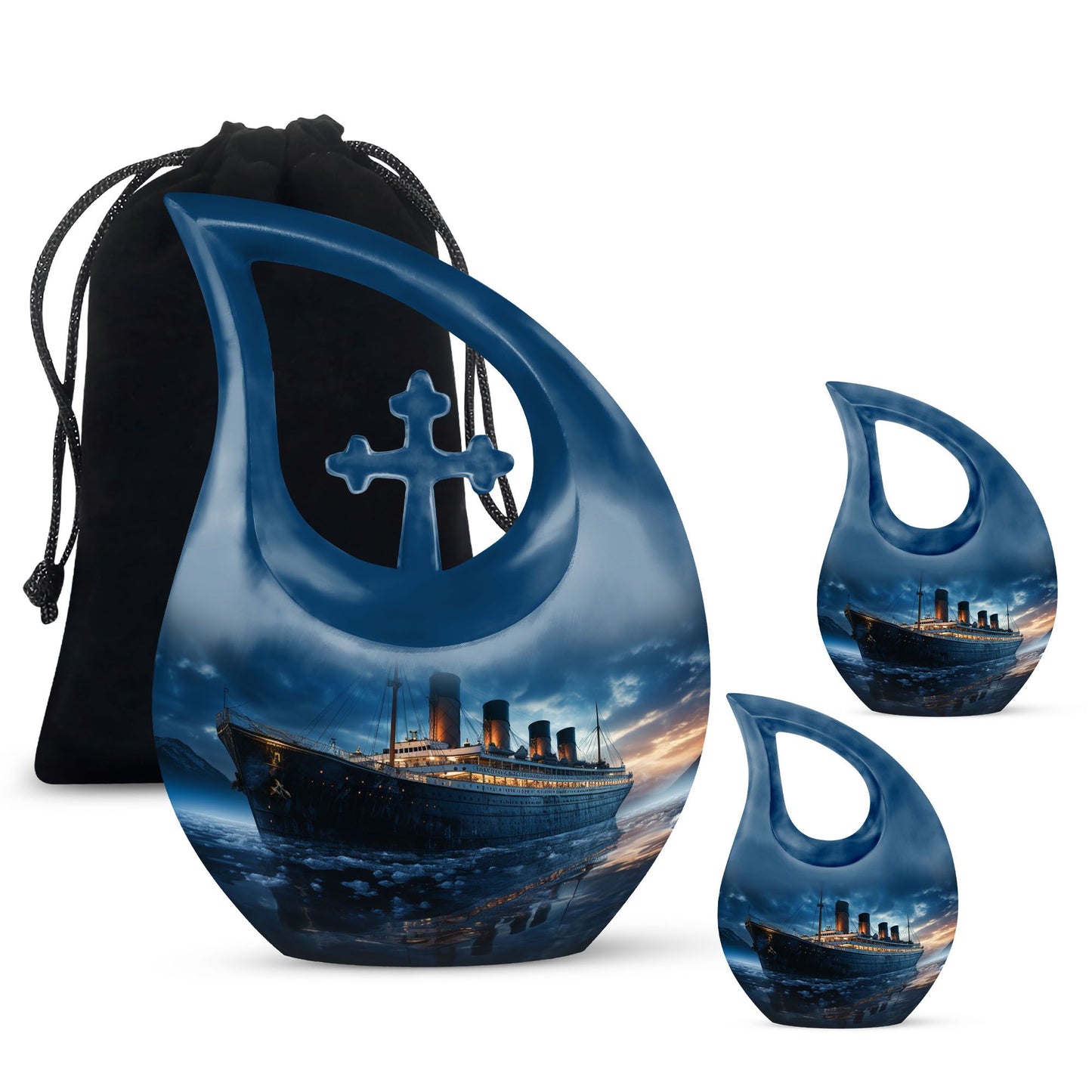 10-inch Ship Urn with Cross Drop design for ashes