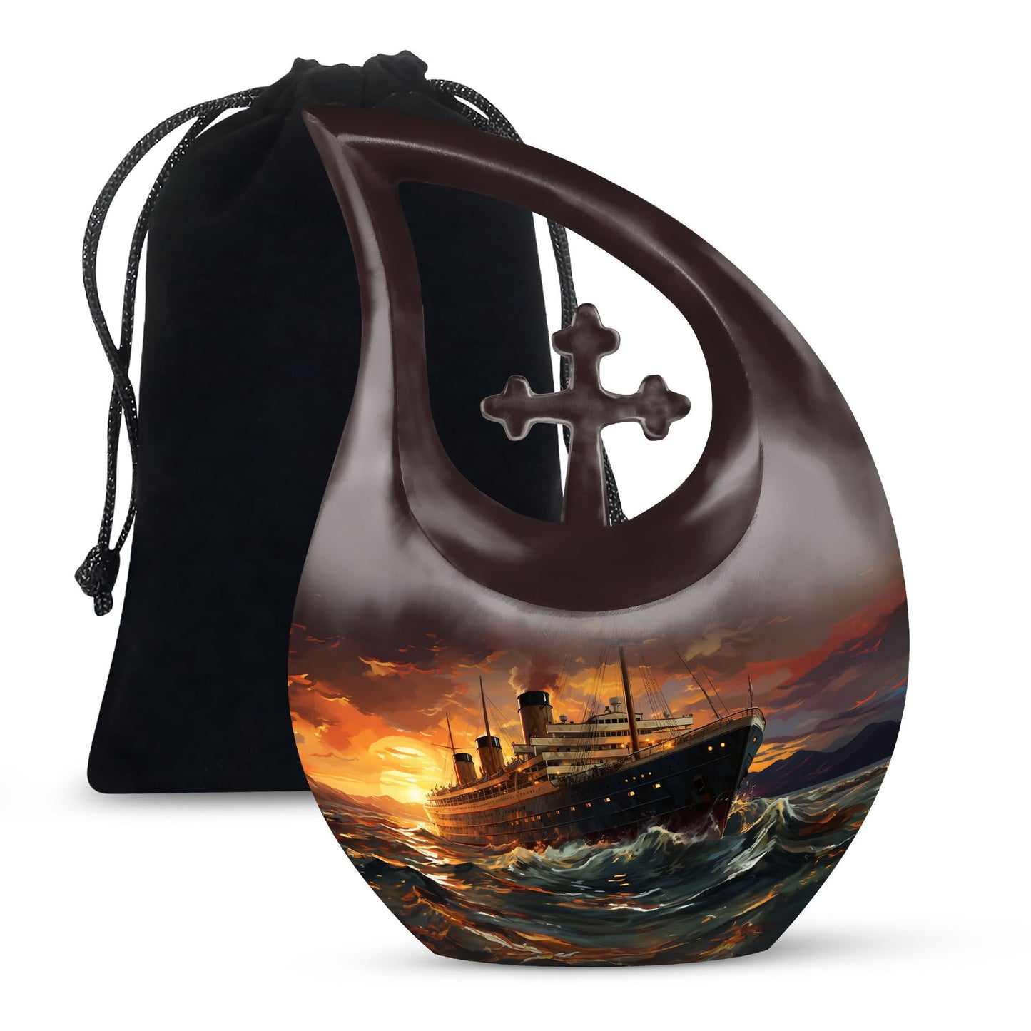 10-inch Ship Urn with Cross Drop design, suitable