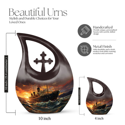 10-inch Ship Urn with Cross Drop design, suitable