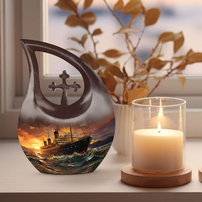 10-inch Ship Urn with Cross Drop design, suitable