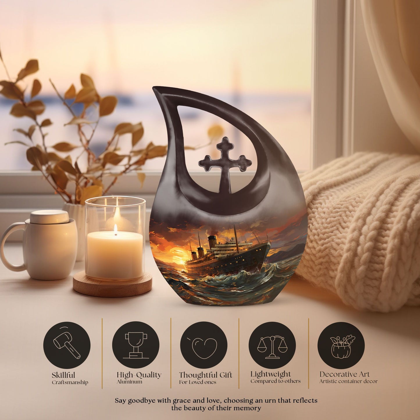 10-inch Ship Urn with Cross Drop design, suitable