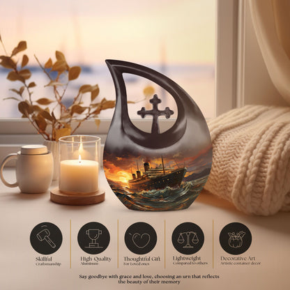 10-inch Ship Urn with Cross Drop design, suitable