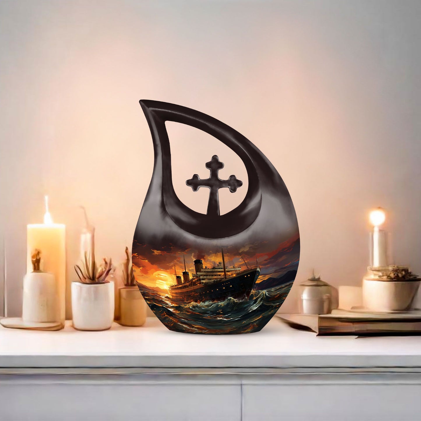 10-inch Ship Urn with Cross Drop design, suitable
