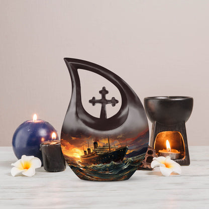 10-inch Ship Urn with Cross Drop design, suitable