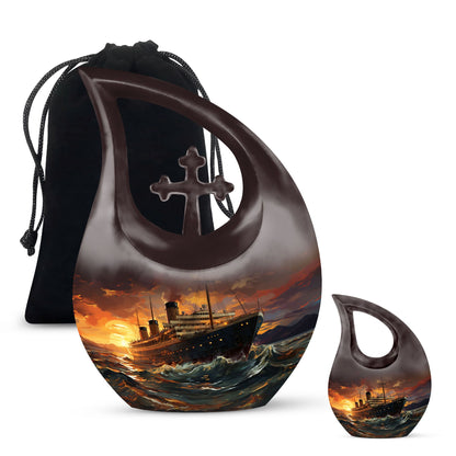 10-inch Ship Urn with Cross Drop design, suitable